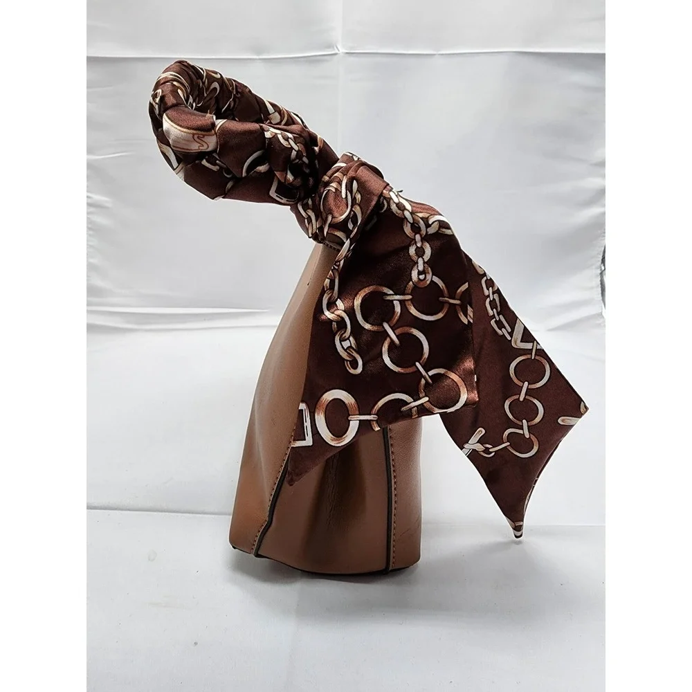 NWT Nicole Miller New York Womens Leather Shoulder Bag Tan Scarf Accent Medium